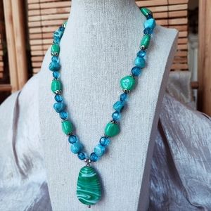 Art Sea Glass Stone Silver Tone Stephan & Co Green Turquoise Color Necklace NWT